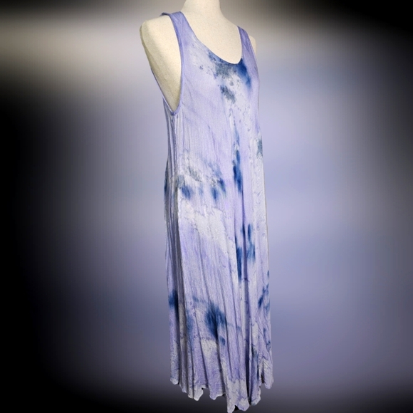 Summer Maxi Dress Blue Tie Die Rayon Sleeveless Tank Flowy Dress OS Lg - Picture 1 of 12